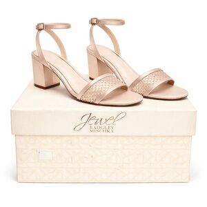Jewel Badgley Mischka Nadia Champagne Block Heels Sz 9 Rhinestone Strap Sandals